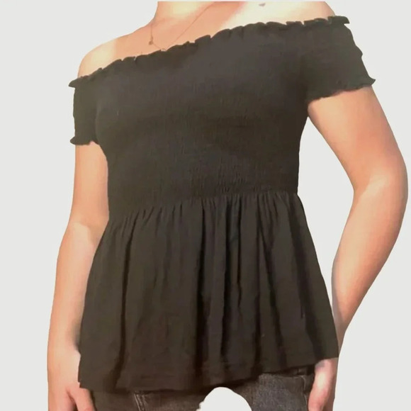 TILLY'S Black Off Shoulder Smocked Peplum Top - small - Picture 1 of 5